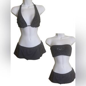 Rare Betsey Johnson Y2K Crochet Gray Cabaret 3 Piece Bikini Set Retro Pin Up
